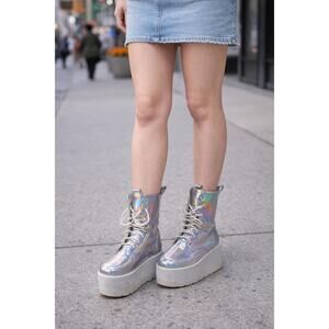 XTRM Holographic Platform Combat Boots Silver Lace Up Women’s 6 EU 36